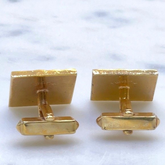 SWANK Vintage Gold Tone Brown Animal/Leather Detail Square Bullet Back Cufflinks - Picture 7 of 8